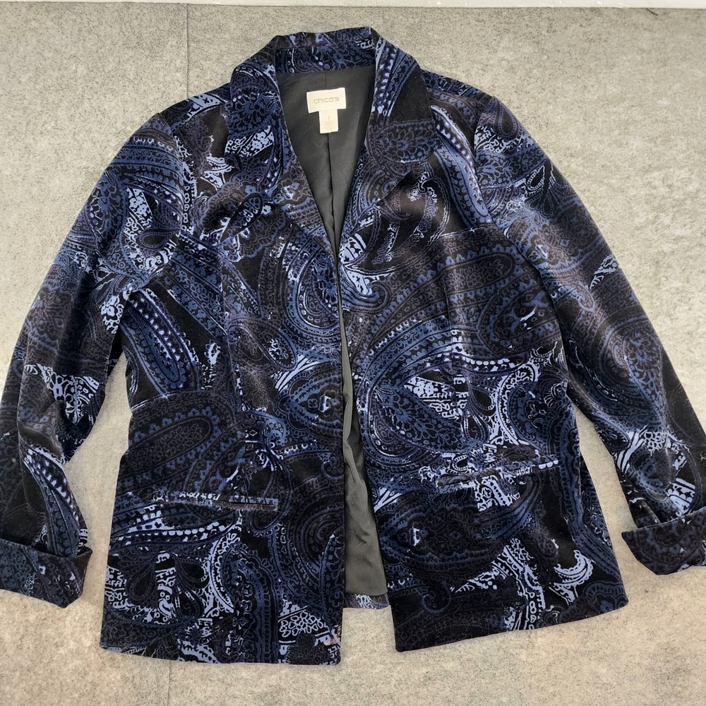 Chicos 1 Blue Black Paisley Velvet Blazer Stretch Career Jacket Womens